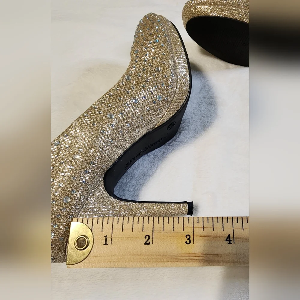 Silver Slipper Mirage Gold Rhinestone Beaded Pumps, 3 Inch‎ Heel, EUC, Size 6.5
